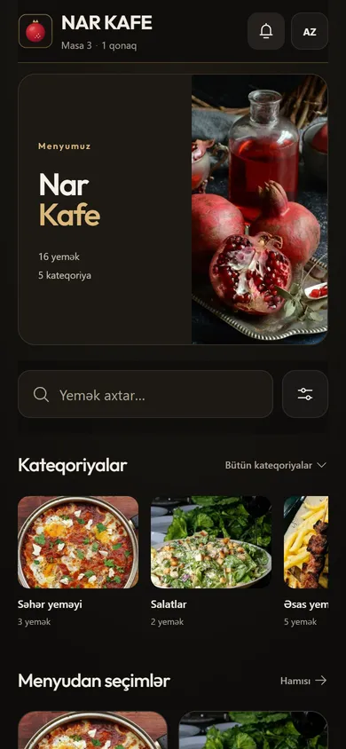 Nar Kafe demo restoranının QR menyusu telefonda